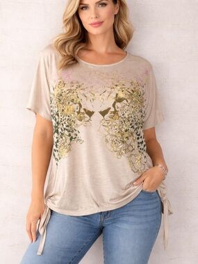 NWT!Tru Self Gold embellishment, floral, cap sleeve side tie blouse size 2X
